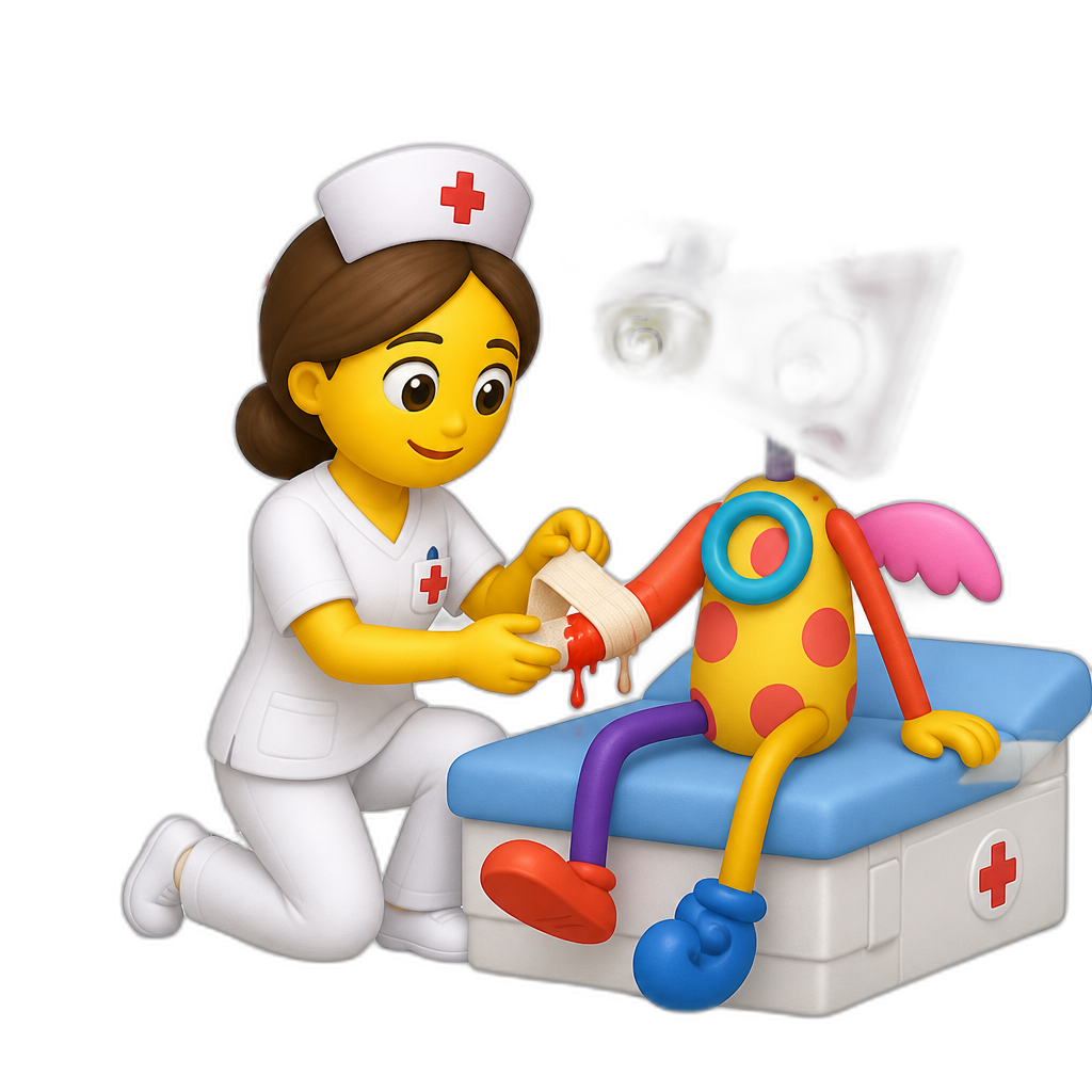 Nurse bandages zoobles bleeding arm in the digital circus hospital - AI generated emoji
