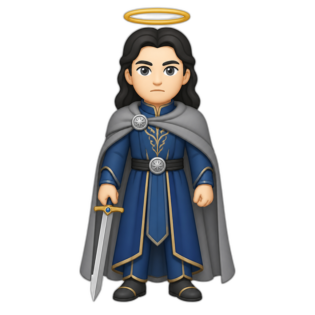 Mighty legendary Elf lord/lady (no specific gender) with halo over head, fair skin tone, dark hair, grey eyes, blue cloth, grey cape, brooch; serious expression. FLAT thick minimal style. No pointy ears, no gender. - AI generated emoji