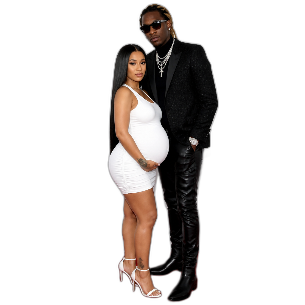 Mariah The Scientist, pregnant, white sleeveless minidress, stilettos, on the red carpet, with Young Thug, Mariah with long straight hair, photorealistic - AI generated emoji