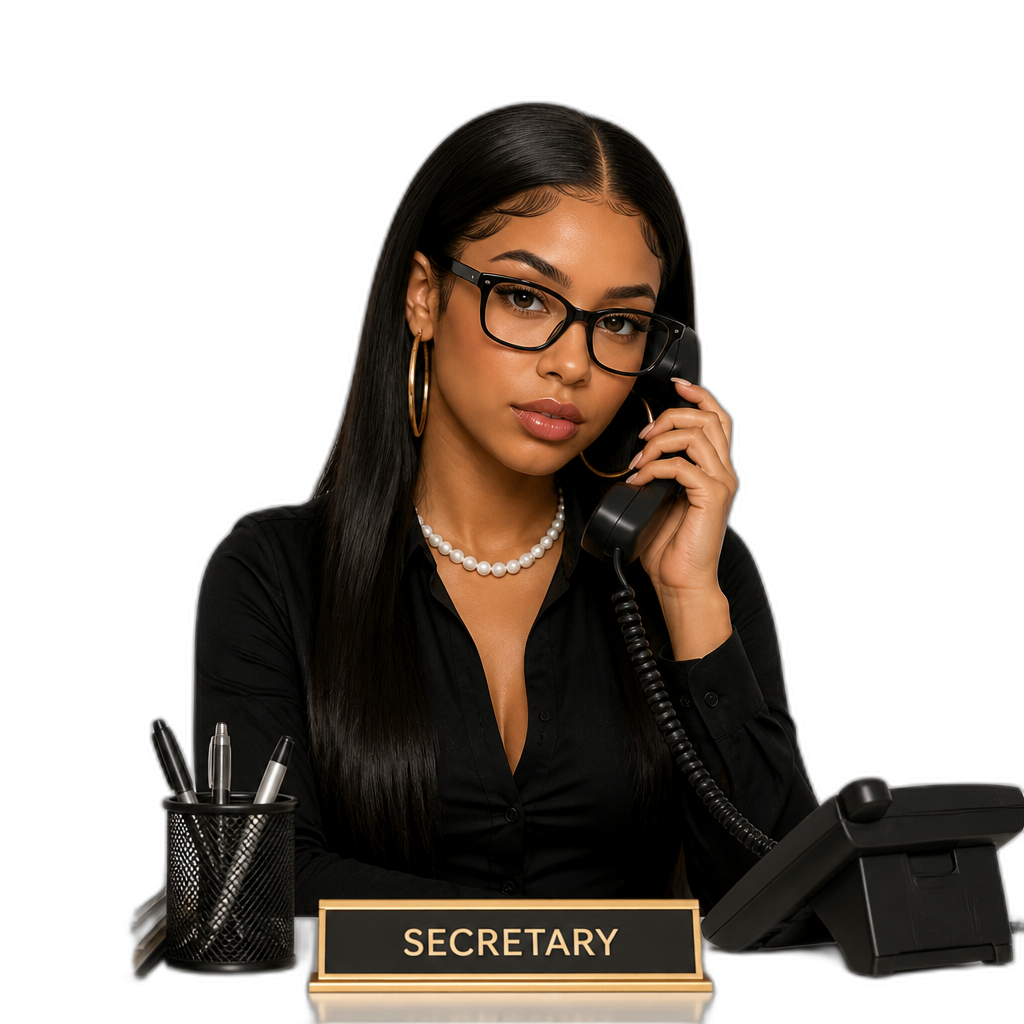 Mariah The Scientist as an office secretary babe, photorealistic, long straight hair, classy aesthetic, black frame glasses, pearl necklace, hoop earrings - AI generated emoji