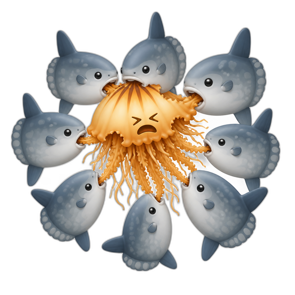 Lions mane jellyfish gets eaten by 8 ocean sunfish - AI generated emoji