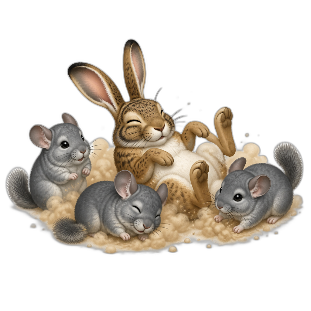 Spring hare taking a dust bath with chinchillas - AI generated emoji