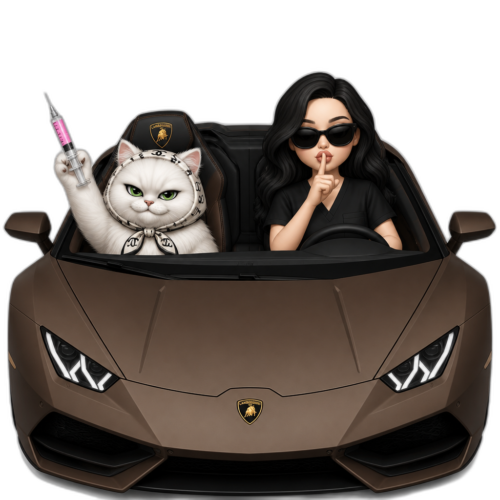 Girl in black scrubs black wavy hair pale skin black sunglasses pouty lips with one of her pointy  finger near lips as if she's saying shh in the driver seat of a brown matte lamborghini and a Persian white cat with green eyes with a mischievous smirk in the front seat with a chanel head scarf holding a pink injection in the air - AI generated emoji