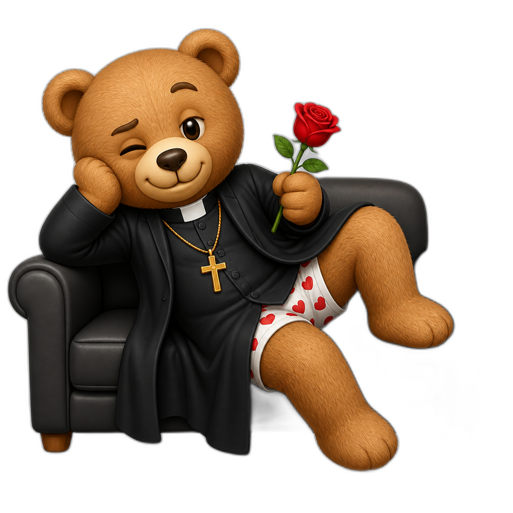 Create a Teddy bear who is a romantic flirty misbehaving Priest on the couch. any fur color - AI generated emoji