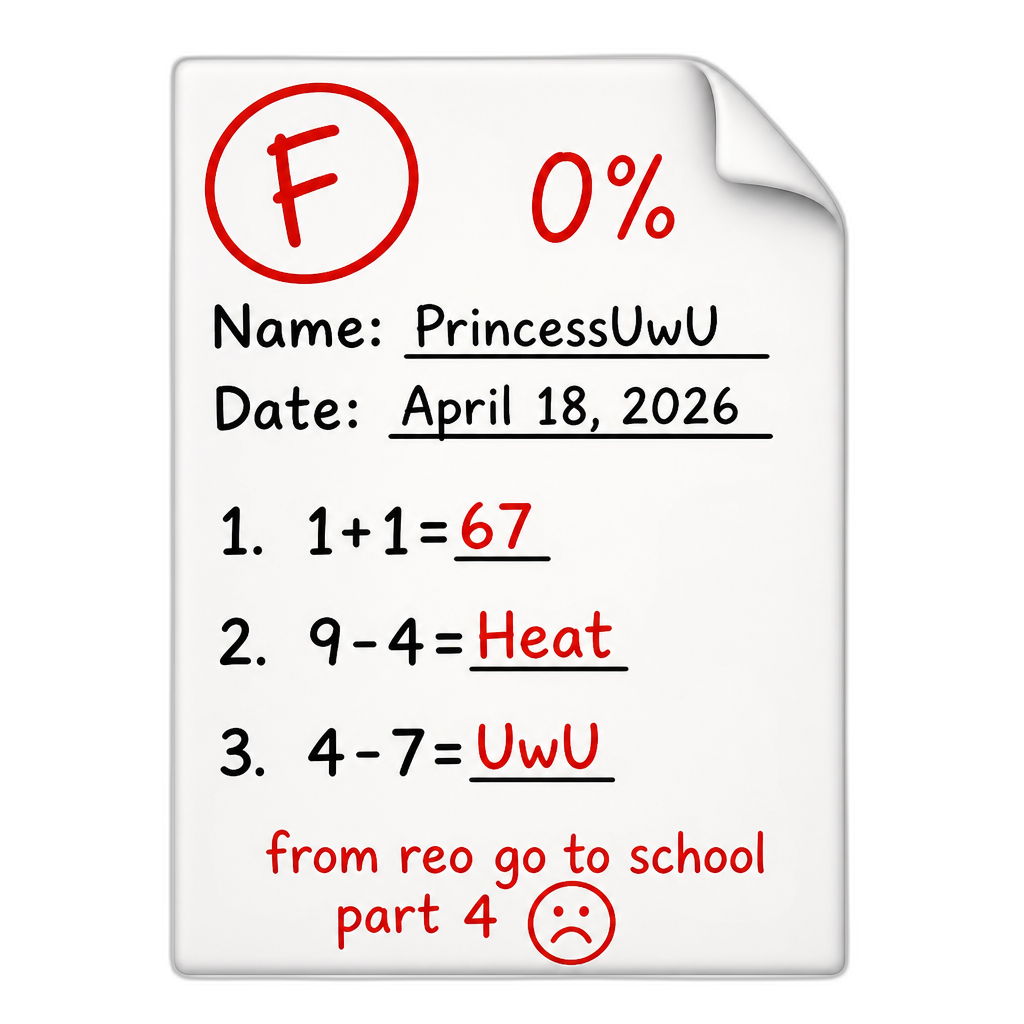 Paper with grade f and 0% and 1. 1+1=67 and 2. 9-4=Heat and 3. 4-7=UwU and Name: PrincessUwU and Date: April 18, 2026 from reo go to school part 4 - AI generated emoji
