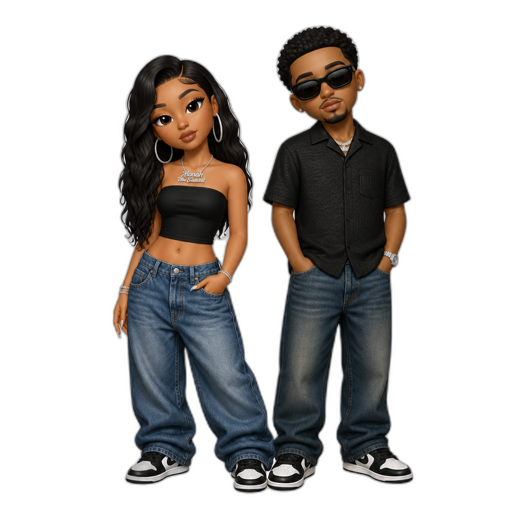 Mariah The Scientist (black strapless crop top, baggy jeans, sneakers, hoop earrings, necklace, bracelets) and Elmine (sunglasses, short sleeved shirt, jeans) - AI generated emoji