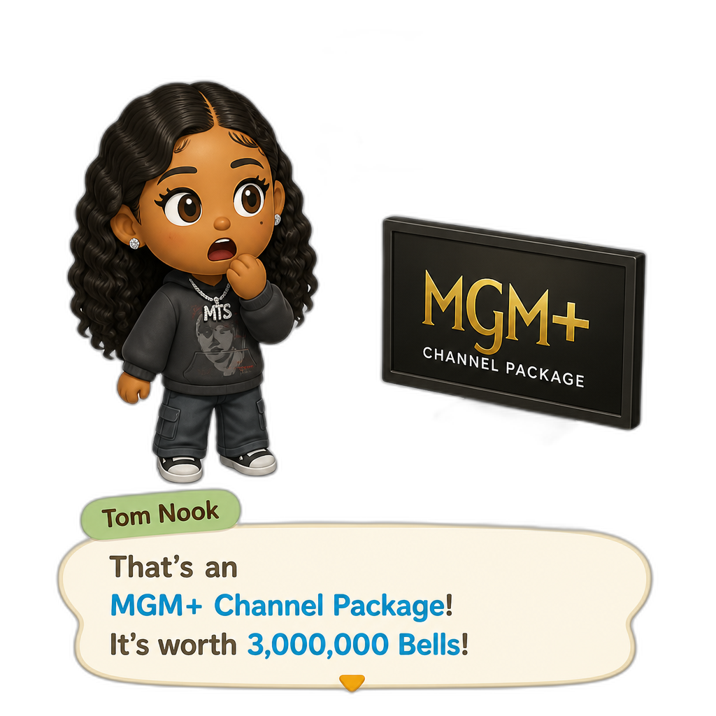 Mariah The Scientist as a Human Villager, Animal Crossing, finding an expensive item worth millions of Bells, saying "That's expensive, bruh!", MGM+ channel package TV item - AI generated emoji
