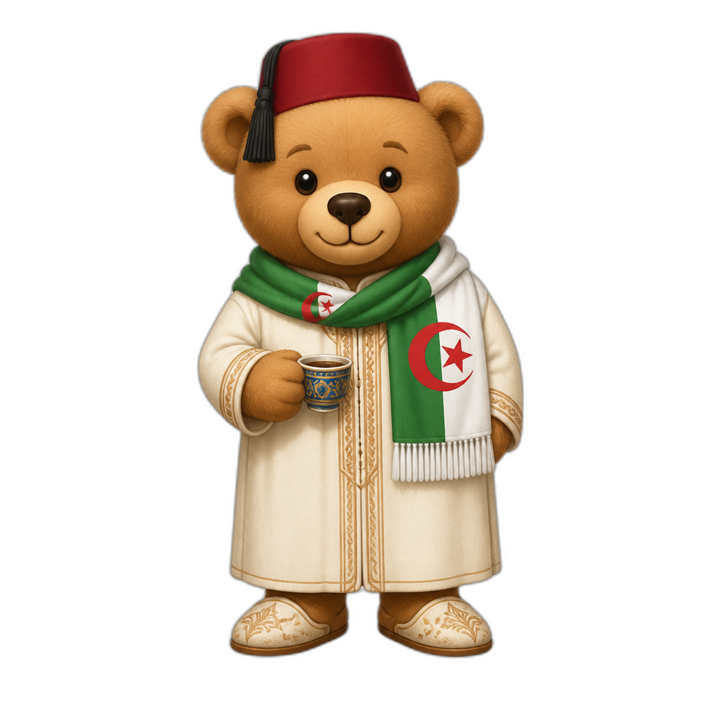 Create a standing Teddy bear who is a stereotypical Algerian. any fur color - AI generated emoji
