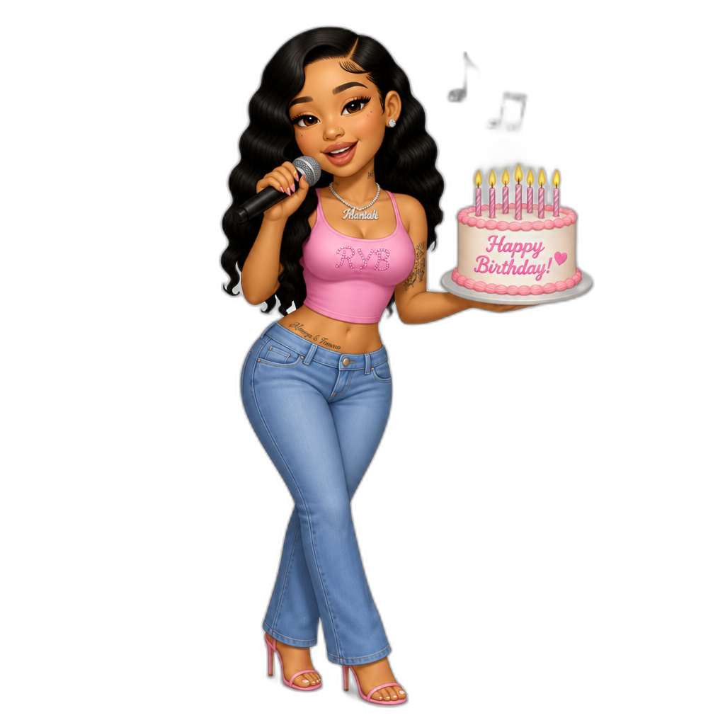 Mariah The Scientist with a birthday cake, smiling, pink crop top, blue jeans, stilettos, singing Happy Birthday - AI generated emoji