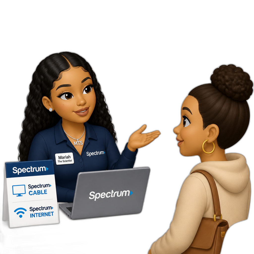 Mariah The Scientist working for the Spectrum company, dialogue in a quote bubble, talking to a female customer about Spectrum Cable and Spectrum Internet - AI generated emoji