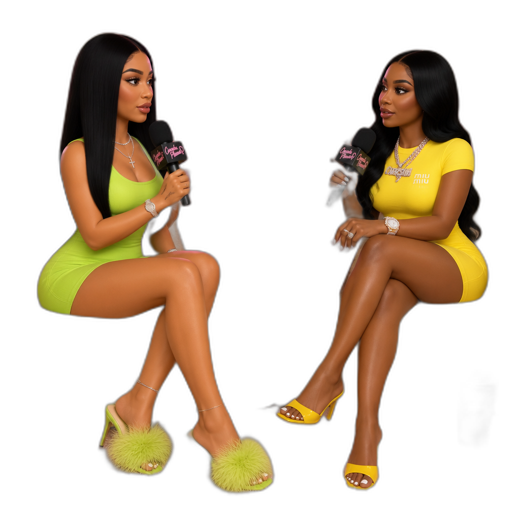 Mariah The Scientist on Caresha Please, Yung Miami interviewing Mariah, Mariah in a lime green sleeveless minidress, fluffy stiletto slippers, bedroomcore themed room, fuzzy couch, Caresha in a short sleeved yellow minidress, Mariah with long straight hair, photorealistic - AI generated emoji