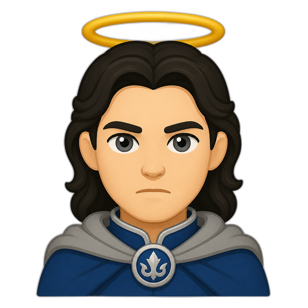 Mighty legendary Elf lord/lady (no specific gender) with halo over head, fair skin tone, dark hair, grey eyes, blue cloth, grey cape, brooch; serious expression. Closeup portrait. FLAT thick minimal style. No pointy ears, no gender. - AI generated emoji