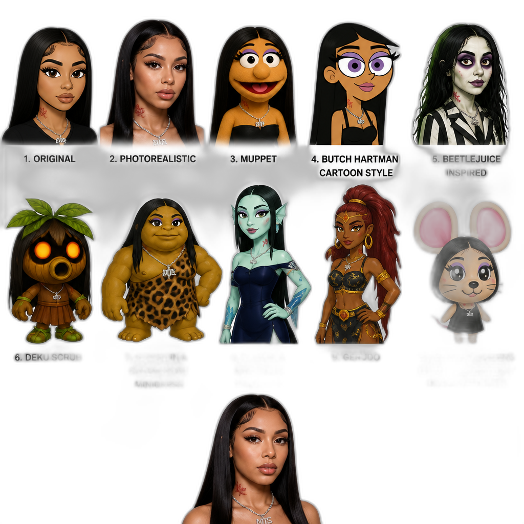 Mariah The Scientist in 10 different styles (1. original, 2. photorealistic, 3. Muppet, 4. Butch Hartman cartoon style, 5. Beetlejuice inspired, 6. Deku Scrub, 7. Goron in a cavewoman minidress, 8. Zora in a navy blue minidress, 9. Gerudo, 10. Animal Crossing (as an Uchi/Sisterly Mouse Villager), photorealistic Mariah with long straight hair - AI generated emoji