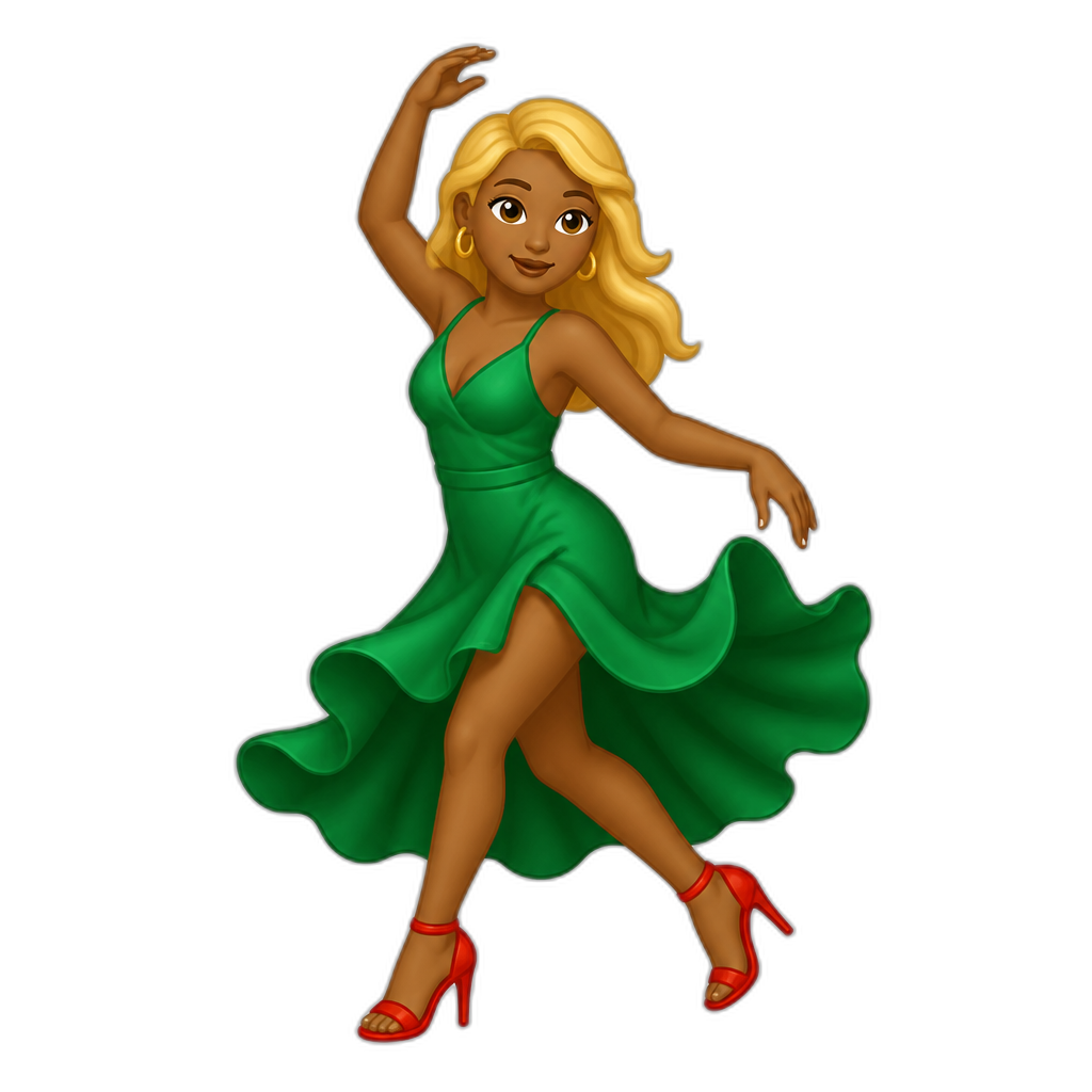 Woman dancing with green dress and red high heels and blonde hair and brown skin - AI generated emoji