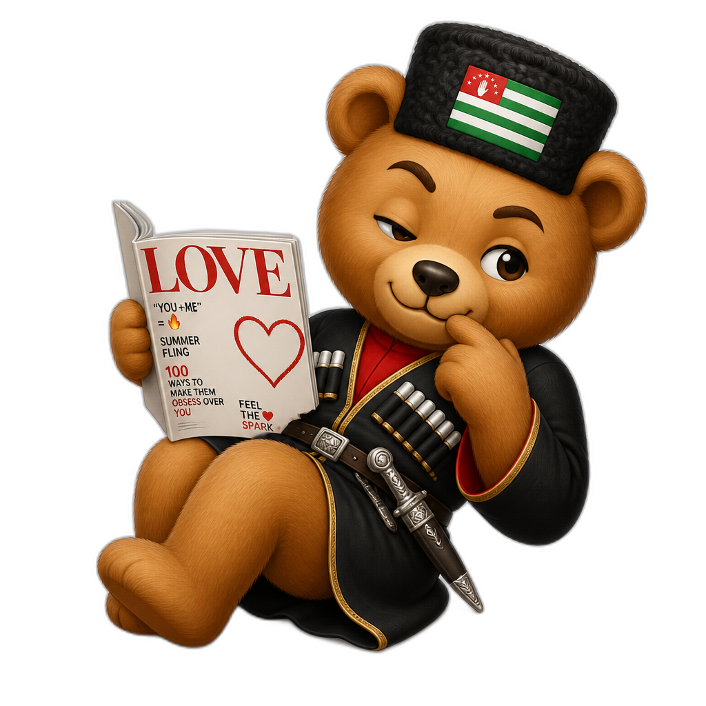 Create a Teddy bear who is a flirty mischievous Abkhazian on the love magazine. any fur color - AI generated emoji