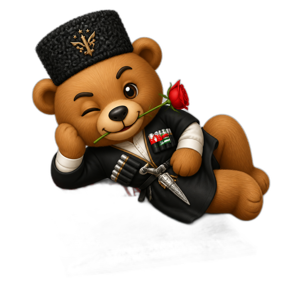 Create a Teddy bear who is a flirty playfully devilish Abkhazian on the magazine. any fur color - AI generated emoji