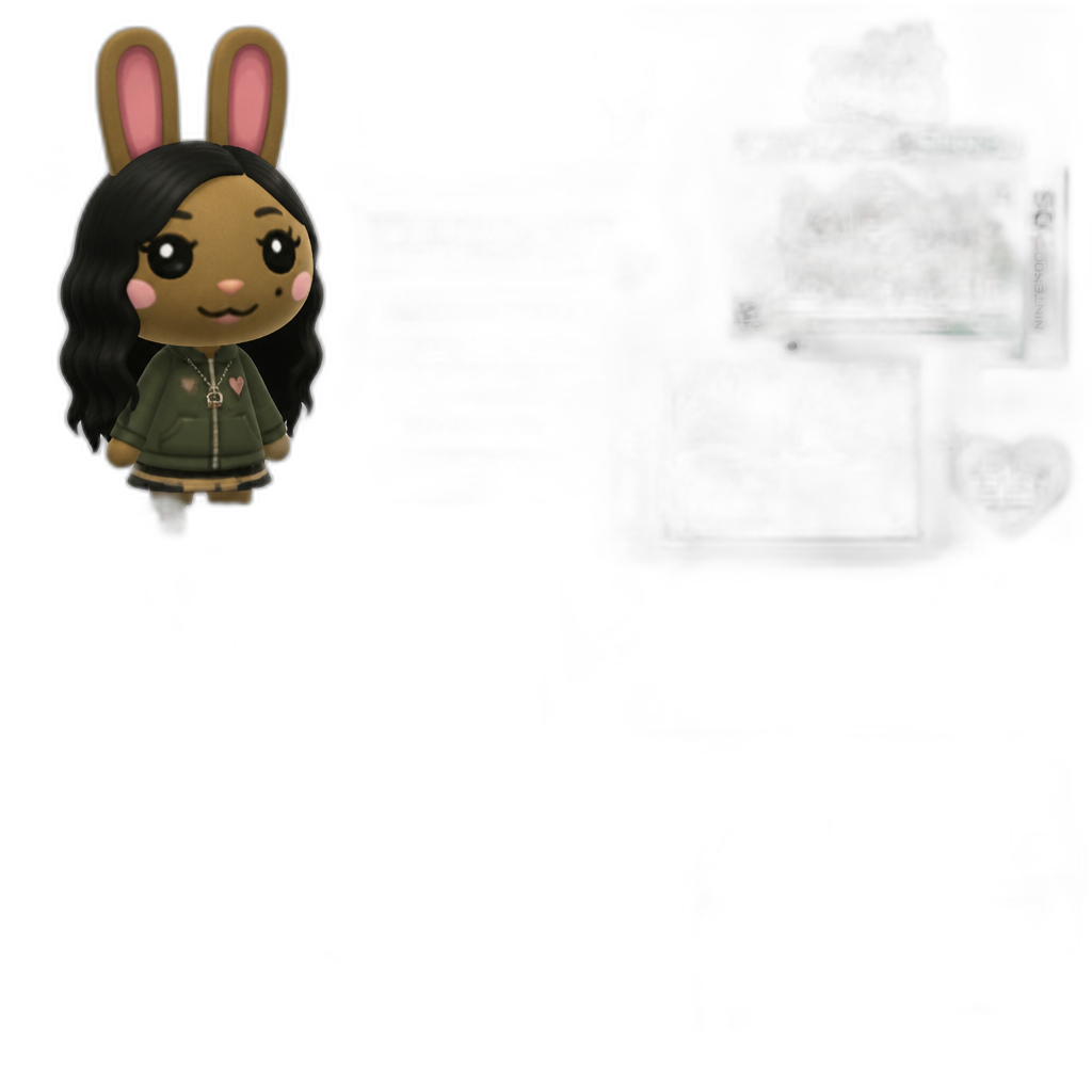Mariah The Scientist as an Uchi Rabbit Villager in Animal Crossing: Happy Home Designer for the 3DS, showcasing her house, Mariah The Scientist themed aesthetics, 3DS gameplay footage, exterior and interior, Hearts Sold Seperately army love war theme - AI generated emoji
