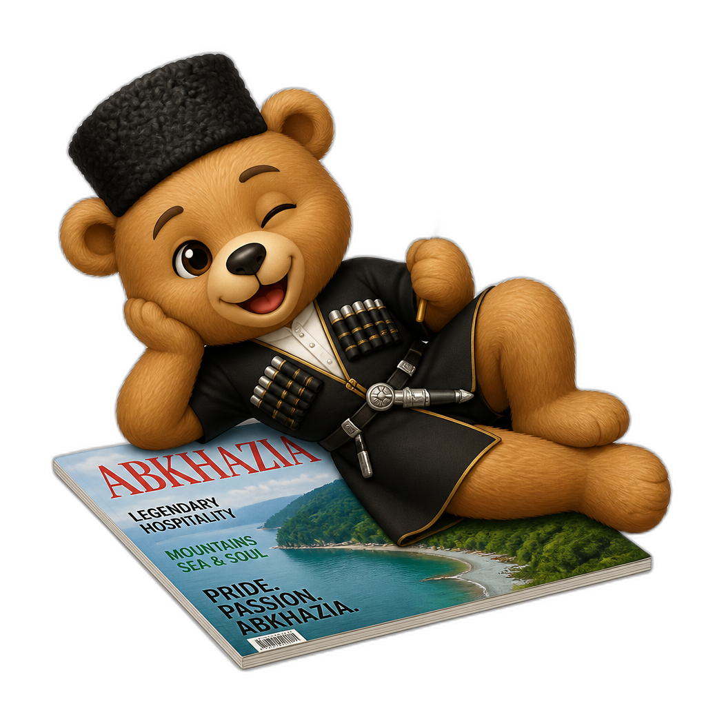 Create a Teddy bear who is a flirty excited Abkhazian on the magazine. any fur color - AI generated emoji