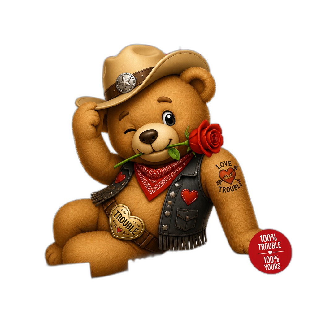 Create a Teddy bear who is a flirty misbehaving love Texan on the magazine. any fur color - AI generated emoji