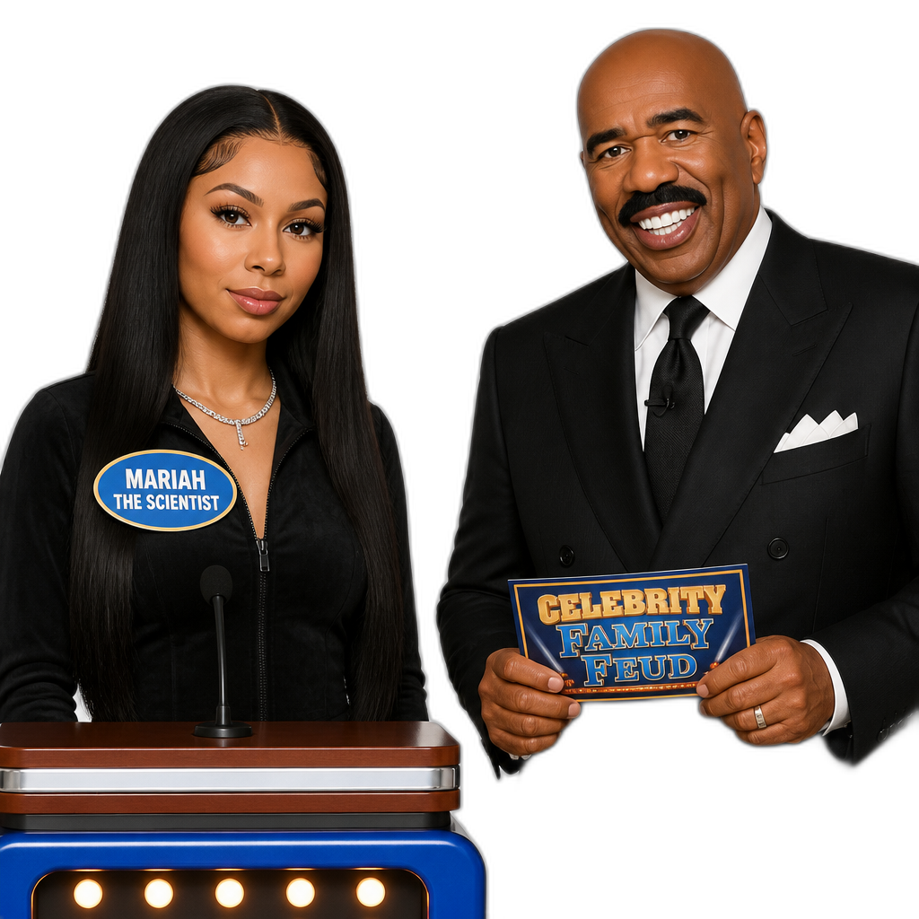 Mariah The Scientist as a contestant on Celebrity Family Feud, host Steve Harvey, photorealistic, Mariah with long straight hair - AI generated emoji