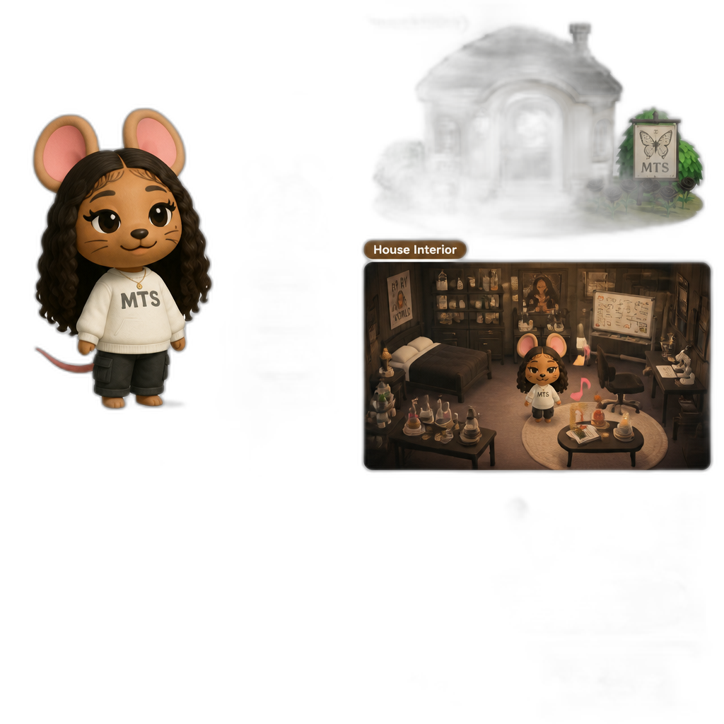 Mariah The Scientist as an Uchi Mouse Villager, her house, exterior and interior, gameplay footage, catchphrase as 'lab rat' - AI generated emoji