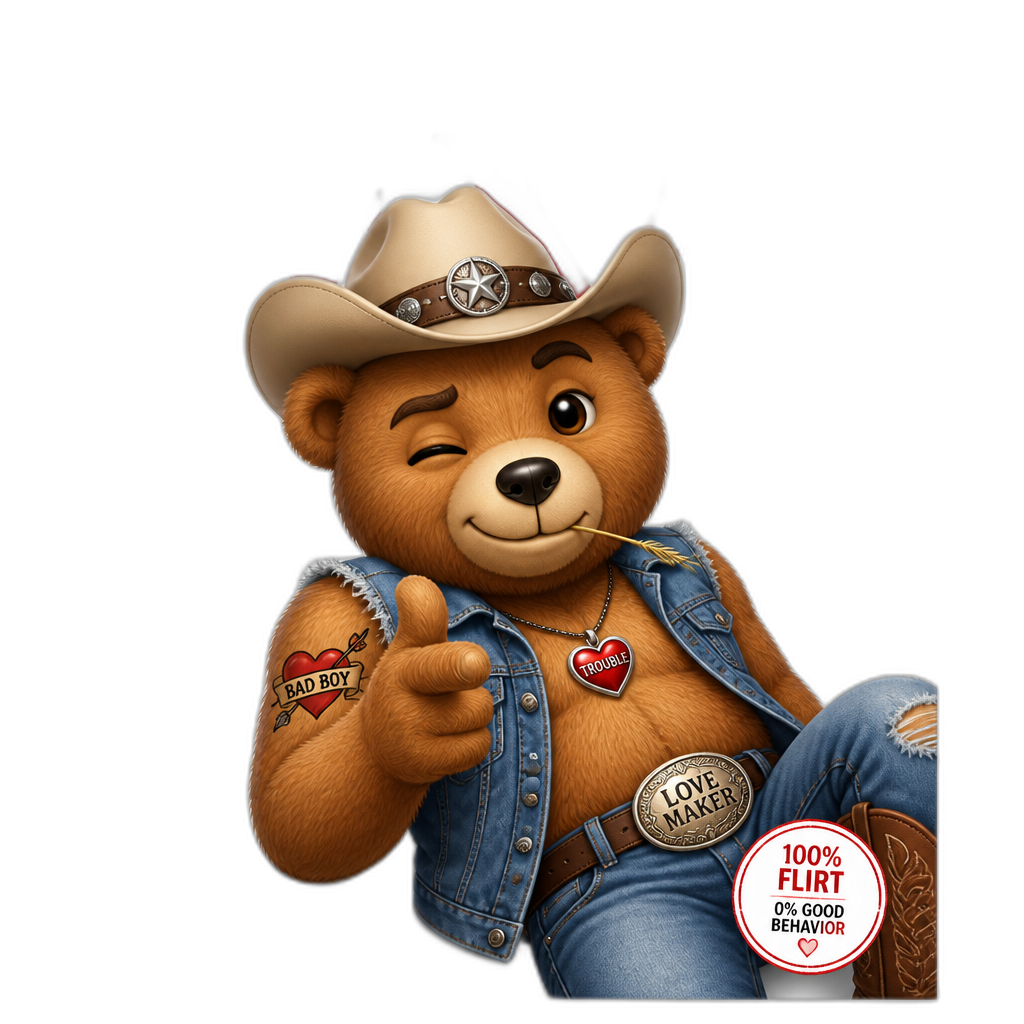 Create a Teddy bear who is a flirty misbehaving love Texan on the magazine cover. any fur color - AI generated emoji