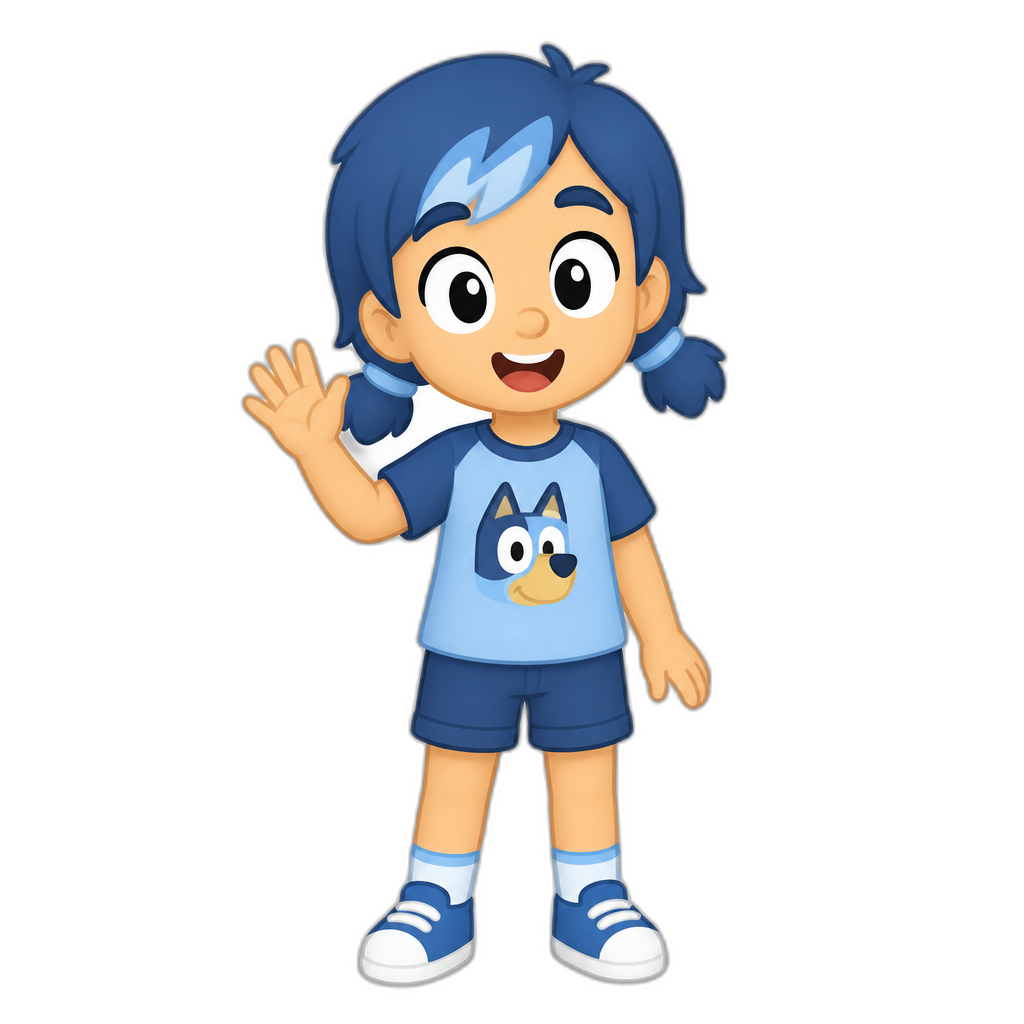 Bluey as a human girl, short blue hair with tiny pigtails, cartoon style - AI generated emoji