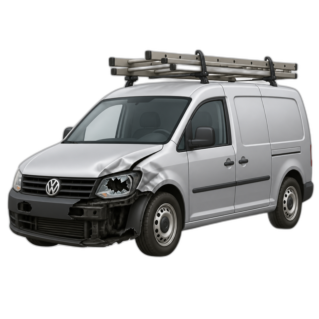 2007 grey vw caddy maxi panel van with ladders on a roof rack and the left front end smashed in with passenger side broken light and left side of the front bumper missing - AI generated emoji