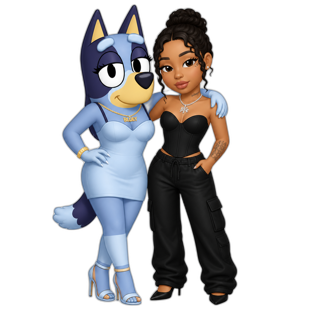 Bluey grown up with Mariah The Scientist, Bluey is female, stilettos - AI generated emoji