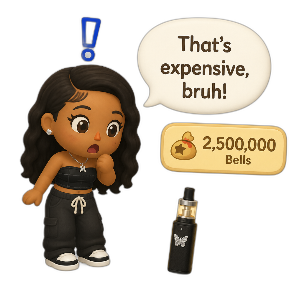 Mariah The Scientist as a Human Villager, Animal Crossing, finding an expensive item worth millions of Bells, saying "That's expensive, bruh!", vape item - AI generated emoji