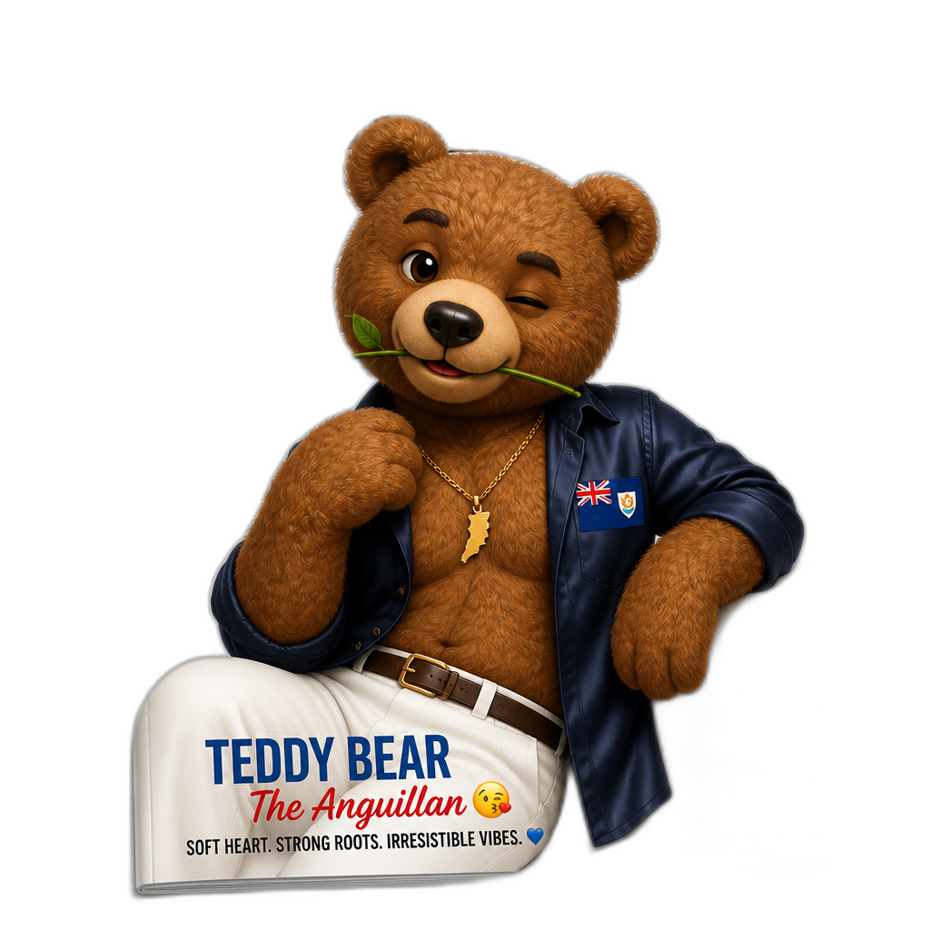 Create a Teddy bear who is a flirty Anguillan on the magazine. different fur color - AI generated emoji