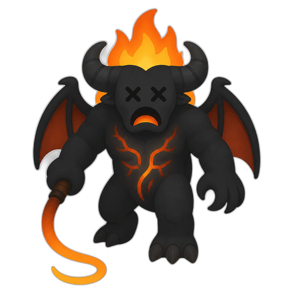balrog with X eyes; flat thick minimal style, vertical - AI generated emoji