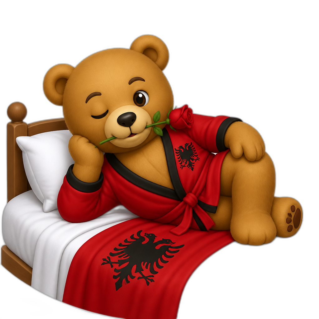 Create a Teddy bear who is a flirty Albanian on the bed. any fur color - AI generated emoji