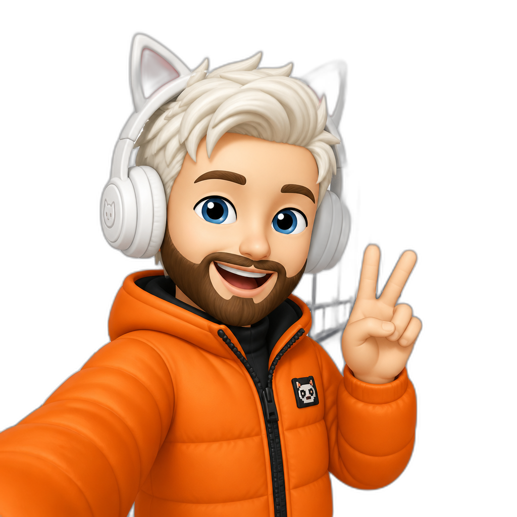 piediepie with white hair and a brown beard wearing an orange jacket with white cat ear headphones on a bridge - AI generated emoji