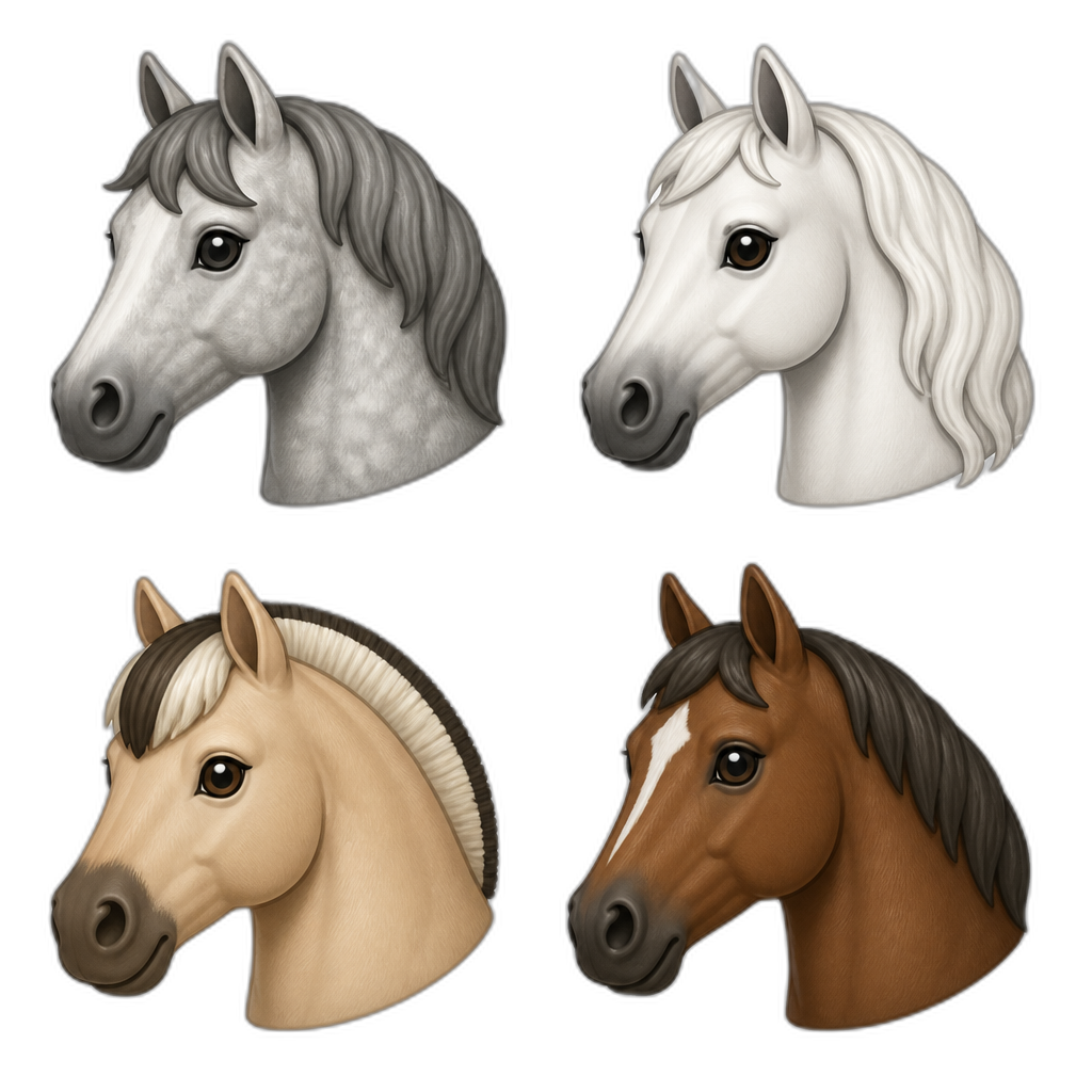 Matching Discord emoji set of four horse heads: Connemara, Arabian, Fjord, and Thoroughbred. Cute realistic style, clean outlines, transparent backgrounds, same size and style. - AI generated emoji