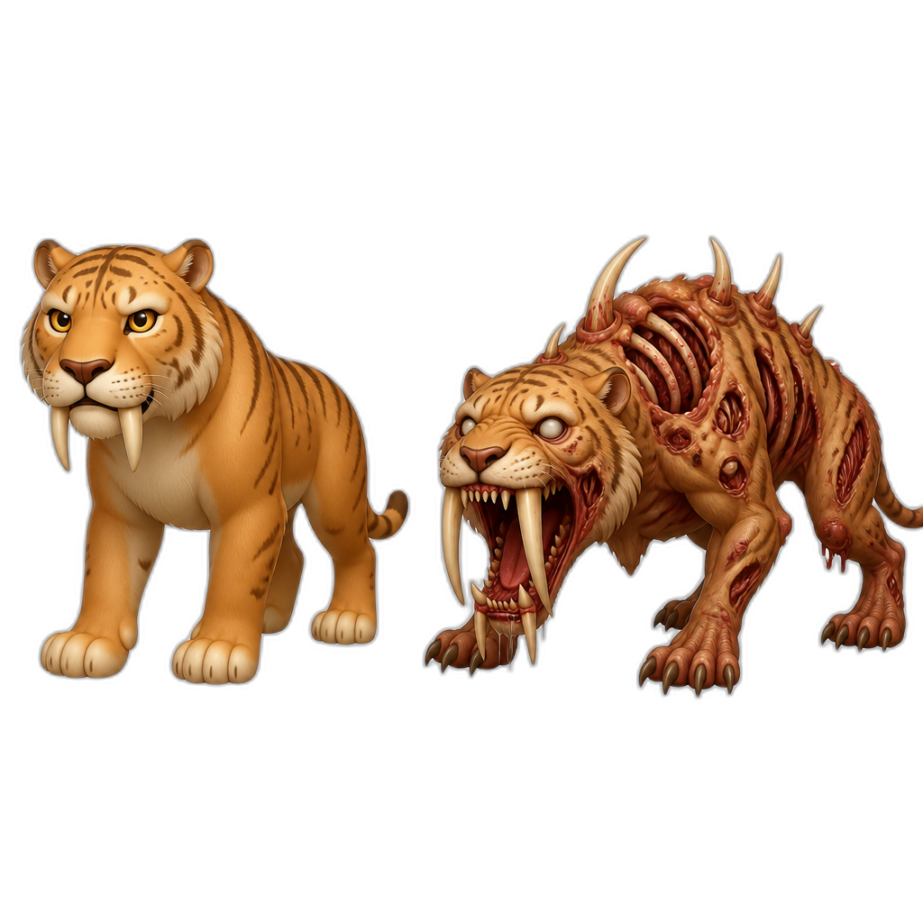 Zoochosis animal "saber toothed tiger" with its mutant form too - AI generated emoji