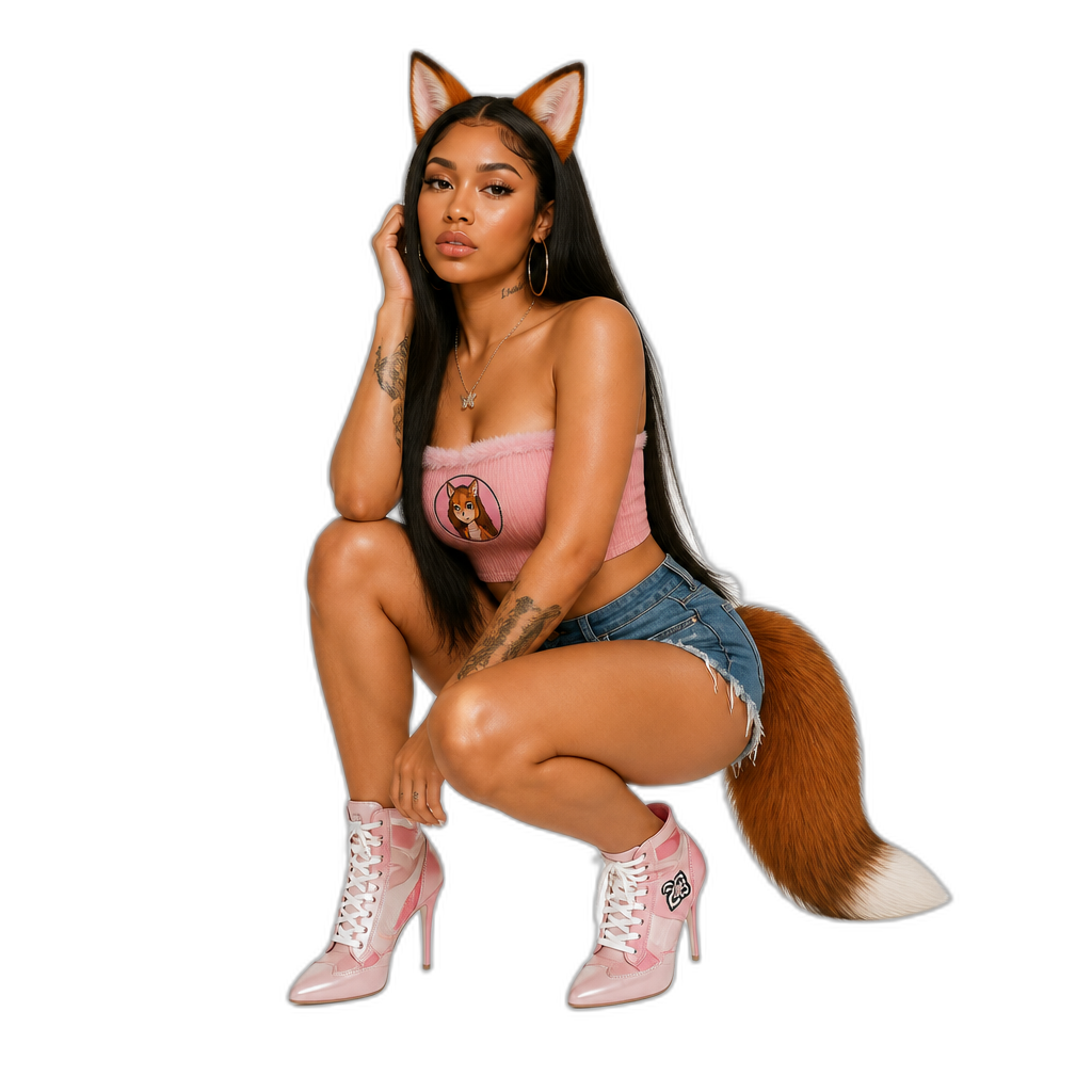 Mariah The Scientist as live action Foxxy Love from Drawn Together, photorealistic, long straight hair, modern version, fox ears, fox tail, strapless pink crop top, denim shorts, stiletto sneakers, hoop earrings - AI generated emoji