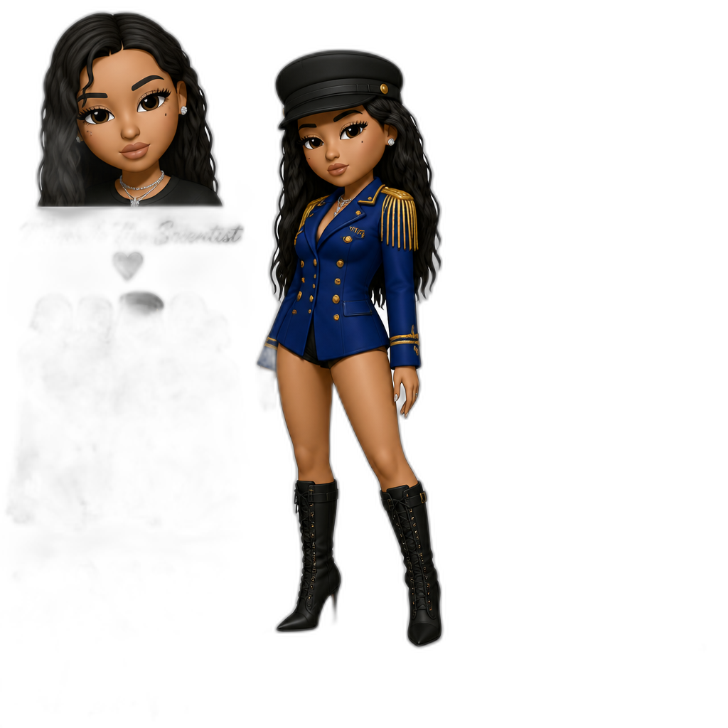 Mariah The Scientist, blue long sleeved concierge jacket, gold bullet shoulder strap, black shorts, black army cap, black stiletto boots, 'Burning Blue' music video shoot, 'Hearts Sold Seperately' album, a bunch of male dancers - AI generated emoji