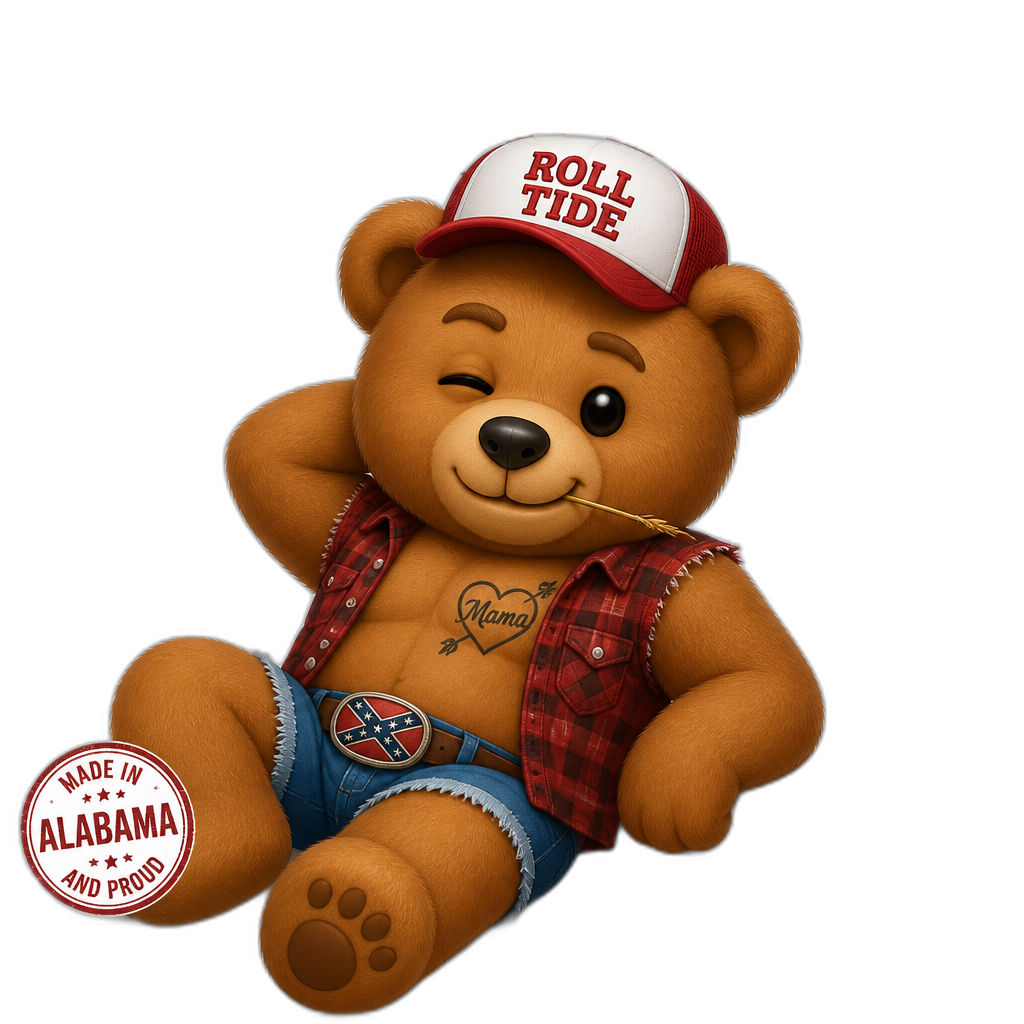 Create a Teddy bear who is a flirty misbehaving Alabamian on the magazine page. any fur color or hairstyle - AI generated emoji