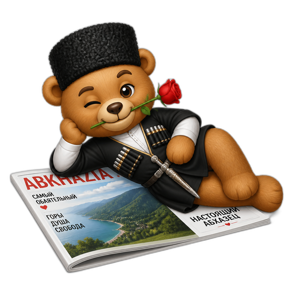 Create a Teddy bear who is a flirty playful Abkhazian on the magazine. any fur color - AI generated emoji