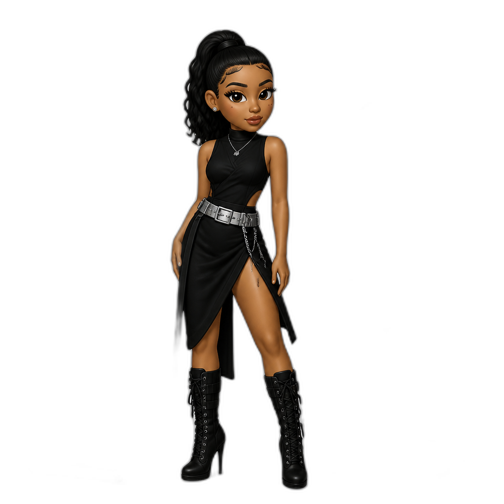 Mariah The Scientist, black sleeveless ninja dress, black stiletto combat boots, silver belt around dress, hair up in ponytail, 'Burning Blue' music video shoot, 'Hearts Sold Seperately' album, in a blue hardware building - AI generated emoji
