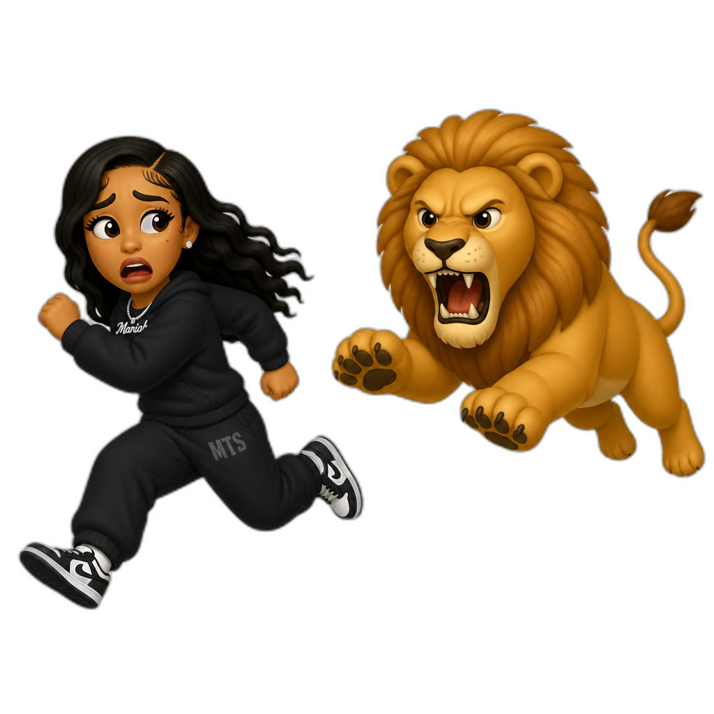 Mariah The Scientist running from the MGM Lion, because the lion is scary to her - AI generated emoji