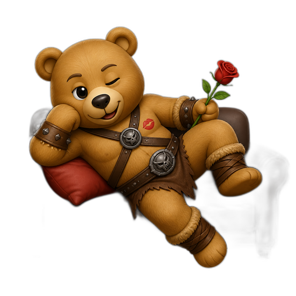 Create a Teddy bear who is a flirty misbehaving Barbarian on the couch. any fur color - AI generated emoji