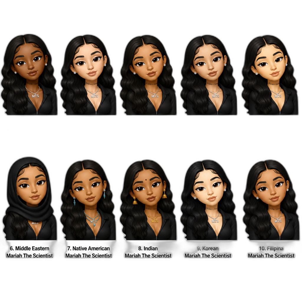10 Mariah The Scientists of different ethnicities (black, Caucasian, Mexican, Italian, Japanese, Middle Eastern, Native American, Indian, Korean and Filipina), R&B singer Mariah The Scientist - AI generated emoji