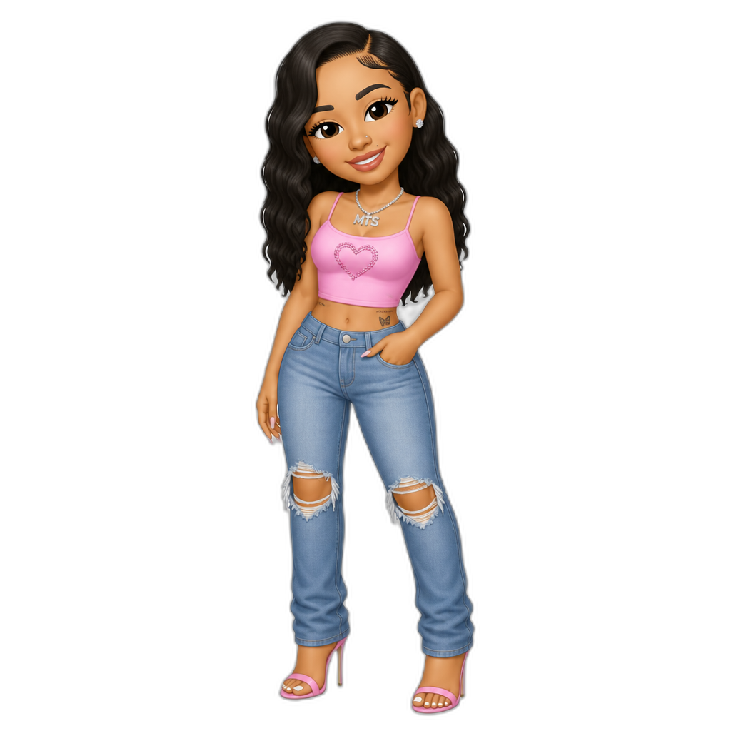 Mariah The Scientist, pink crop top with a heart, blue jeans with rips in the knees, stilettos, smiling - AI generated emoji