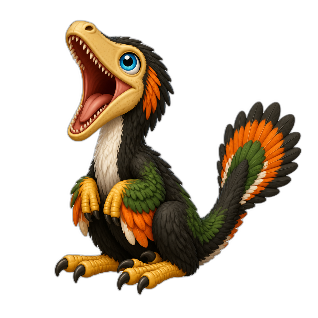 Cute sitting deinonychus raptor opening it's jaw wide open in excitement because it's about to be fed. It has a long beige-yellowish head snoot, blue eyes, and black, green and orange feathers and just a little bit of white too, and yellow paws. Its tail like a long fan at it's tip. - AI generated emoji