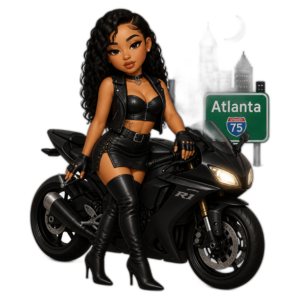 Mariah The Scientist as a biker babe, black leather crop top, sleeveless vest, skirt, stiletto boots, choker, finger gloves, nighttime, Atlanta - AI generated emoji