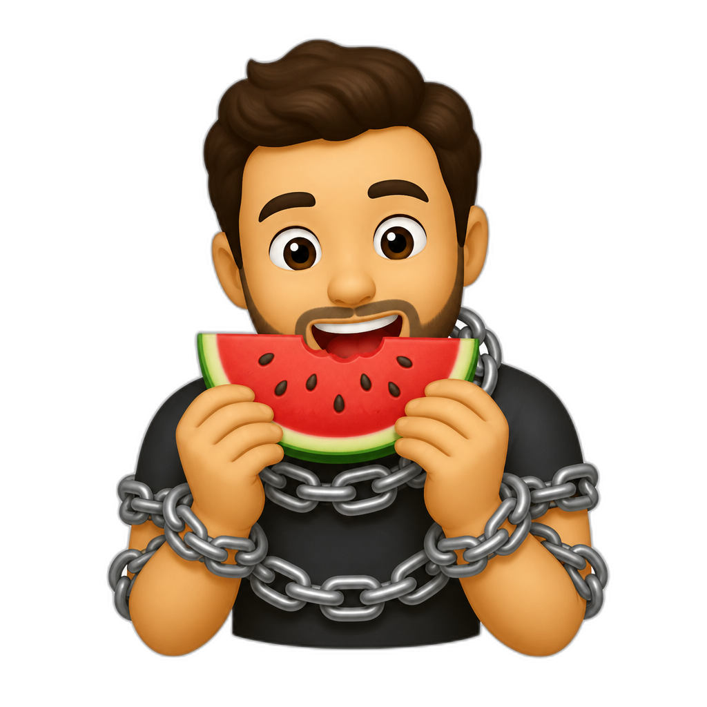 man with chain around arms and neck eating a watermelon - AI generated emoji
