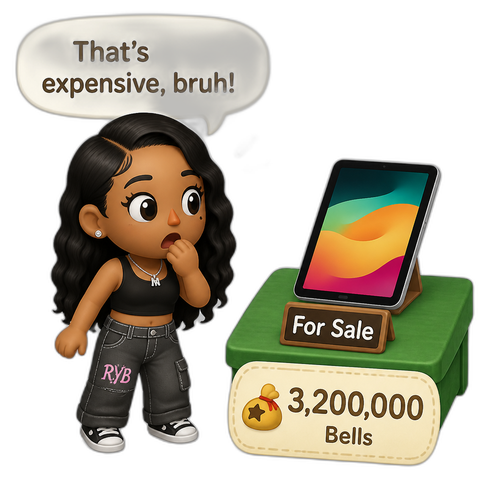 Mariah The Scientist as a Human Villager, Animal Crossing, finding an expensive item worth millions of Bells, saying "That's expensive, bruh!", tablet item for sale - AI generated emoji