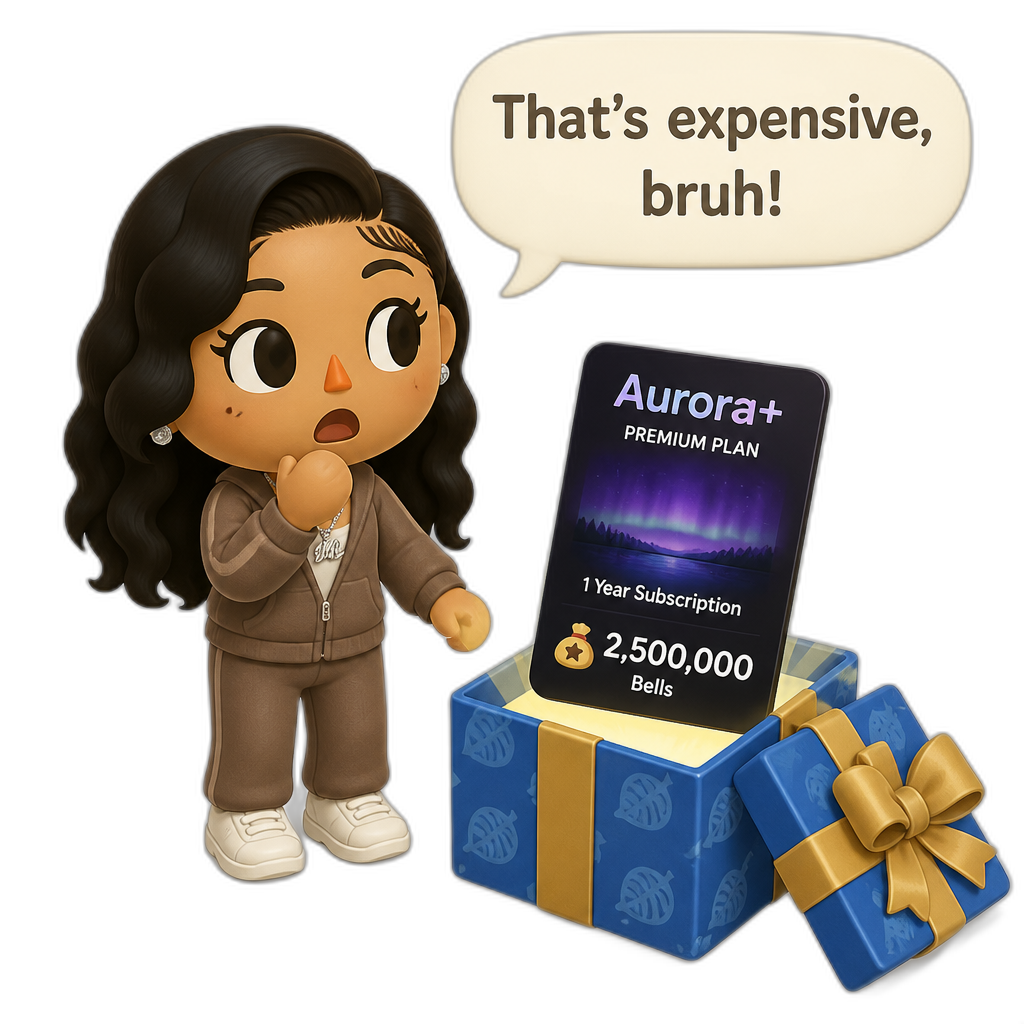 Mariah The Scientist as a Human Villager, Animal Crossing, finding an expensive streaming service worth millions of Bells, saying "That's expensive, bruh!" - AI generated emoji